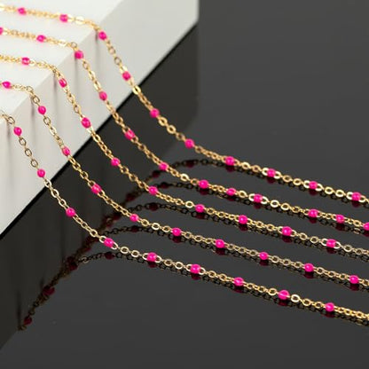 KYUNHOO 16.4 Feet/5M Rose Red Enamel Beaded Chain for Jewelry Making | Gold Plated Stainless Steel Chain Spool Cross Cable Link Chains Bulk with Lobster Clasps and Jump Rings - color: Gold-Rose-2mm