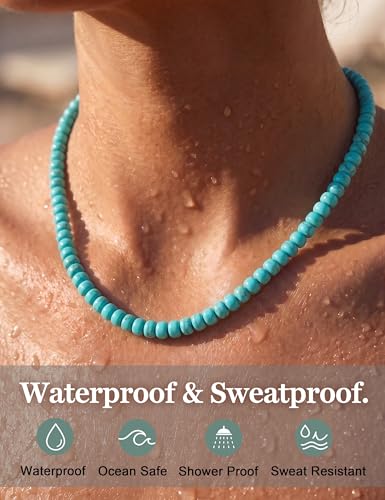 JeryWe Gemstone Beaded Necklaces for Women - Waterproof Natural Stone Handmade Choker Necklace Boho Summer Beach Jewelry, 14K Gold Plated Stainless Steel Dainty Statement Necklace Trendy Turquoise