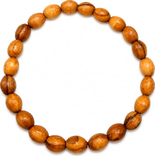 Olive Wood Spiritual Bracelet from Bethlehem - Handmade 9mm Oval Wood Bead Stretch Mala for Yoga Meditation Mindfulness, Boho Wooden Jewelry, Single Oval Wood Bead Bracelet