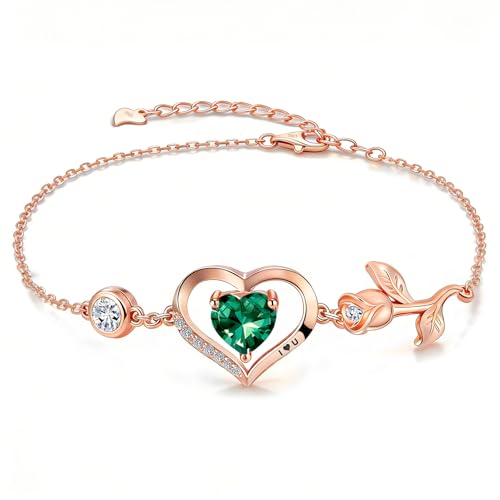 1CT Rose Heart Birthstone Bracelet for Women Love Gift - style: 05-May Emerald Rose Gold