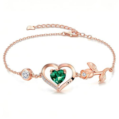 1CT Rose Heart Birthstone Bracelet for Women Love Gift - style: 05-May Emerald Rose Gold