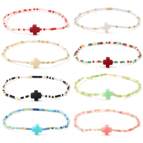 Colorful Stackable Rice Small Mini Seed Beaded Bracelets Set For Women, Handmade Dainty Boho Gold Glass Stretch Accessories Jewelry,Summer Beach Party Daily Friendship Gift - color: Cross175