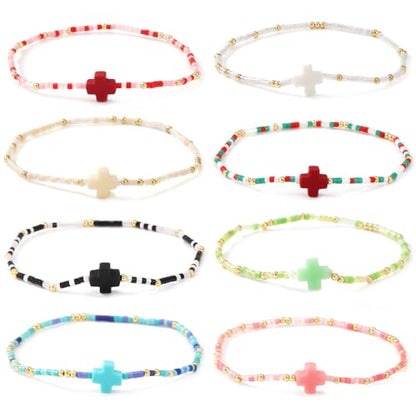 Colorful Stackable Rice Small Mini Seed Beaded Bracelets Set For Women, Handmade Dainty Boho Gold Glass Stretch Accessories Jewelry,Summer Beach Party Daily Friendship Gift - color: Cross175