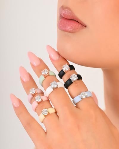 Rinfit Silicone Ring with Stone, Round Cut CZ | AAAAA Grade Cubic Zirconia, Solitaire Engagement Ring for Her, Flexible Rubber Wedding Band for Women, Patented Design - color: Pack G: Soft Blue / Silver