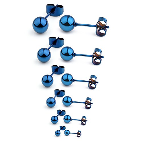 20G Stainless Steel Ball Stud Earrings for Men Women Round 3-8mm 6Pairs - color: 6Pairs - Blue