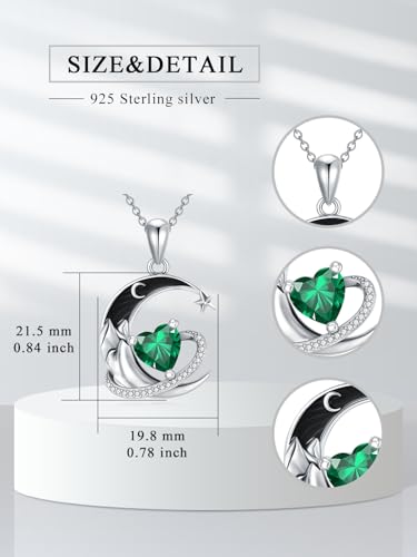 I Love You to the Moon and Back Necklace 925 Sterling Silver Black Crescent Moon Star Pendant with Heart Birthstone Necklace Anniversary Gothic Jewelry Gifts for Women Wife Lovers - color: 05-May-Emerald