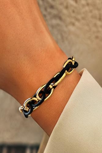 WOWORAMA Chunky Chain Bracelet for Women, Gold/Silver | Adjustable Elastic Stretch Bracelet, Thick Chunky Link Bracelet, Statement Jewelry - color: Black and Gold