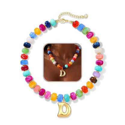 Colorful Chunky Beaded Necklaces for Women Bubble Letter Initial Choker | Boho Statement Bead Necklace, Personalized Rainbow Gemstone Necklaces, Baublebar Gold Necklace Stack, Summer Beach Jewelry - color: Initial D