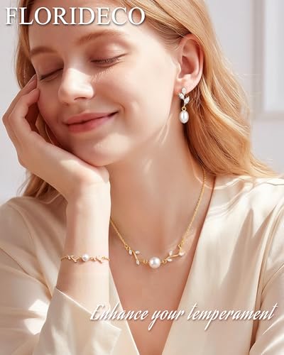 3Pcs 14K Gold Plated Pearl Bridal Jewelry Set for Women | Pearl necklace, drop earrings and bracelet set with cubic zirconia for bride bridesmaid wedding prom and party accessories - color: Gold Plated-3CZ-Pearl