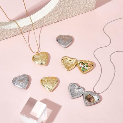 AHANDMAKER 12Pcs 2 Colors Heart Locket Pendants Hearts Photo Frame Charms Brass Love Wedding Photo Charms for DIY Memorial Graduation Valentine's Birthday 29x29x7mm (Golden, Stainless Steel Color)