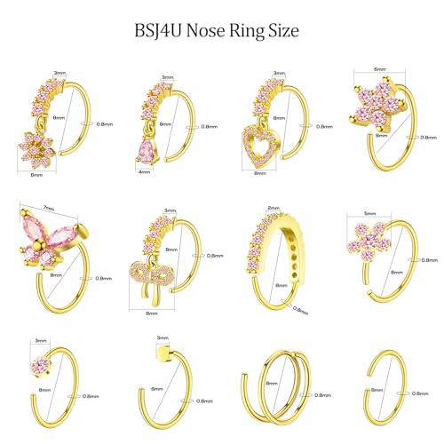 BSJ4U Hoop Nose Rings for Women Nose Piercings 20G Stainless Steel Nose Rings Hoops Heart Butterfly Flower Bow Teardrop Double Nose Hoops Gold Plated Silver Pink Clear CZ Nose Piercing Jewelry - color: Gold Plated Pink Nose Rings