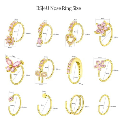 BSJ4U Hoop Nose Rings for Women Nose Piercings 20G Stainless Steel Nose Rings Hoops Heart Butterfly Flower Bow Teardrop Double Nose Hoops Gold Plated Silver Pink Clear CZ Nose Piercing Jewelry - color: Gold Plated Pink Nose Rings