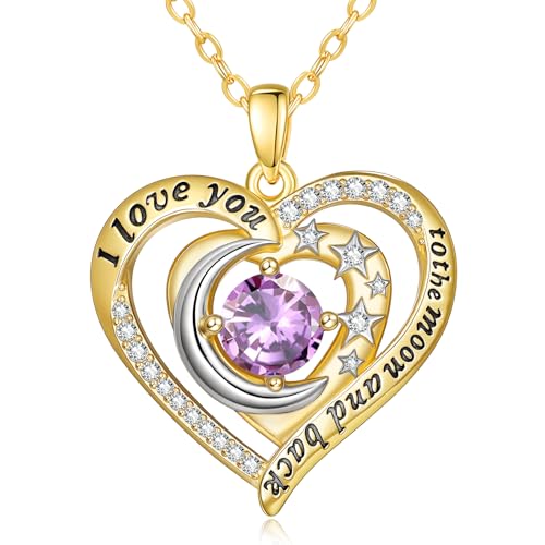 14K Gold I Love You to the Moon and Back Necklace for Women, Double Heart Birthstone Necklace, Moon Star Love Jewelry, Christmas Valentines Mothers Day Birthday Gifts for Wife Mom Girlfriend - color: 06-Jun Birthstone
