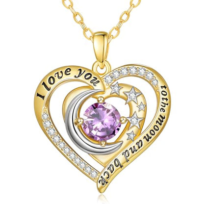 14K Gold I Love You to the Moon and Back Necklace for Women, Double Heart Birthstone Necklace, Moon Star Love Jewelry, Christmas Valentines Mothers Day Birthday Gifts for Wife Mom Girlfriend - color: 06-Jun Birthstone