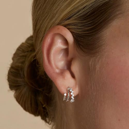 Gold Earrings for Women, Dainty Triple Huggie Earrings 14K Gold Plated Small Hoop Earrings for Women Trendy Cute Hypoallergenic Stud Earrings Unique Double Hoops Waterproof Womens Jewelry Gifts - color: silver plated-E