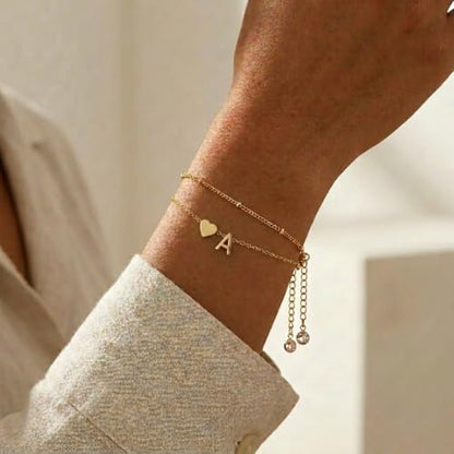 Gold Plated Layered Initial Charm Bracelet for Women - Personalized A-Z Letter Jewelry with Satellite Chain, Adjustable Bracelet Gift for Her, Everyday Wear - color: Gold-A