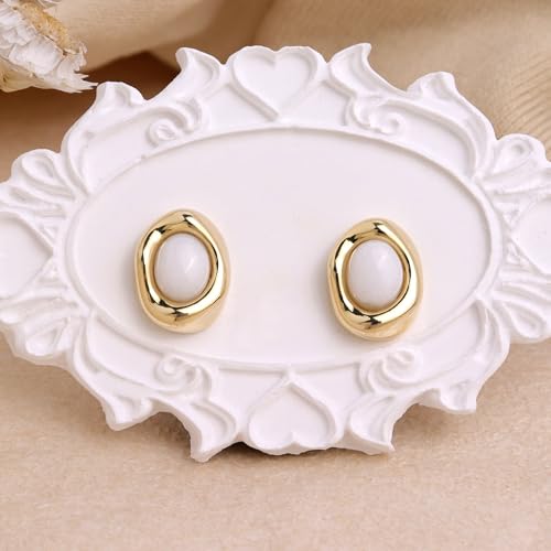Jean Beau Chunky Gold Stone Stud Earrings for Women, Trendy Natural Gemstone Hypoallergenic Earing Valentine Jewelry Gift - color: White