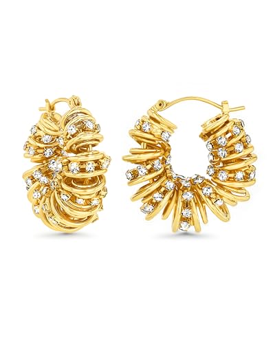 18K Gold Plated Chunky Curve Twisted Open Hoop Statement Stud Earrings with CZ for Women by SNGIA, Large Handmade Spiral Texture Braided Formal Trendy Hoop Jewelry Gifts, Big Circle Geometric Shell Beachy Vacation Fashion Hanging Earrings Accessories, Vin