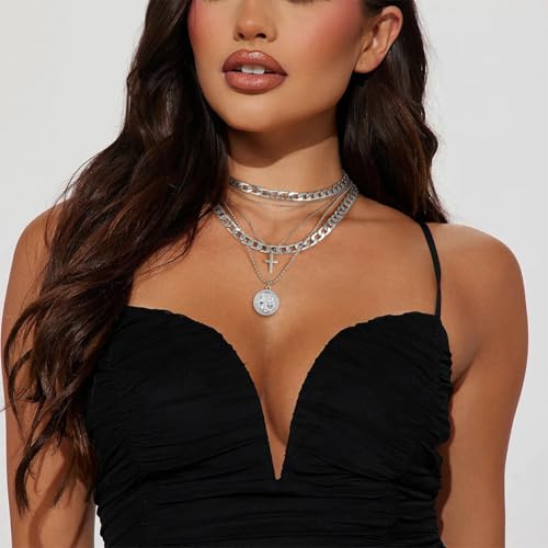 Gold Layered Necklaces for Women Dainty Chunky Chain Choker Necklaces Trendy Retro Coin Pendant Necklace Jewelry Gifts