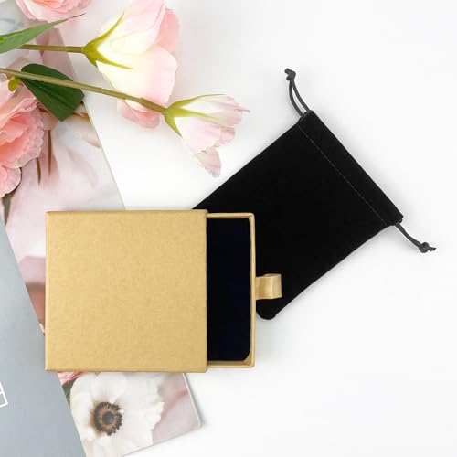 Small Jewelry Gift Box and Velvet Bag, Necklace Bracelet Earring Cardboard Organizer Square Jewellery Gift Box Pendent Storage Case for Birthday Xmas Christmas Wrapping (Light Brown) - color: Light Brown