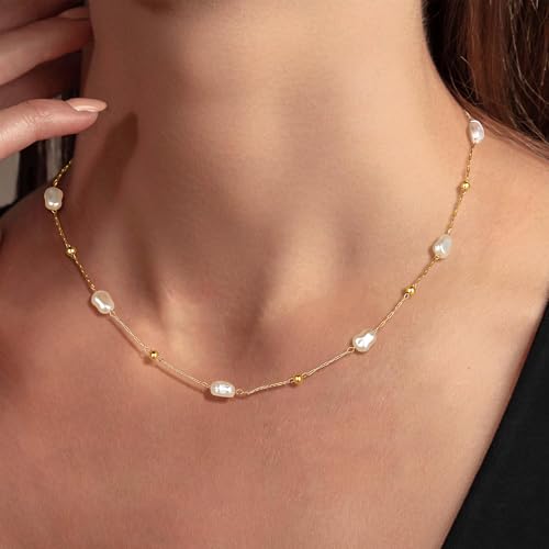 Ritach Pearl Necklaces for Women - Real Gold Plated Dainty Pearl Necklace Daisy Round Drop Pearl Choker Necklace Layered Gold Necklace for Women Teen Girls Bridesmaid Wedding Birthday Gifts - style: Gold-Bead Pearl Station