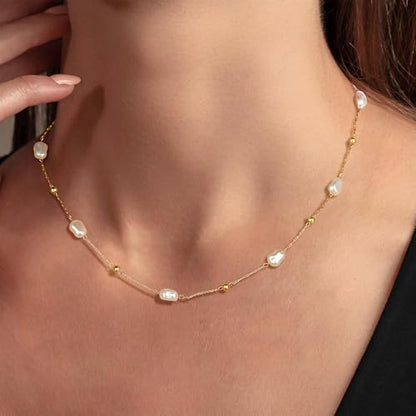 Ritach Pearl Necklaces for Women - Real Gold Plated Dainty Pearl Necklace Daisy Round Drop Pearl Choker Necklace Layered Gold Necklace for Women Teen Girls Bridesmaid Wedding Birthday Gifts - style: Gold-Bead Pearl Station