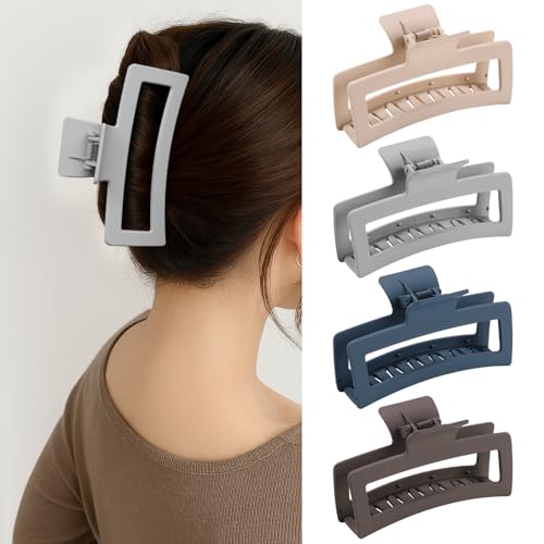 5 Inch XL Jumbo Claw Clips for Thick and Long Hair, 4-Pack Oversized Matte Rectangle Hair Clips for Women, Strong Hold Non-Slip Jaw Clips, Dark Shades - color: Dark Neutrals
