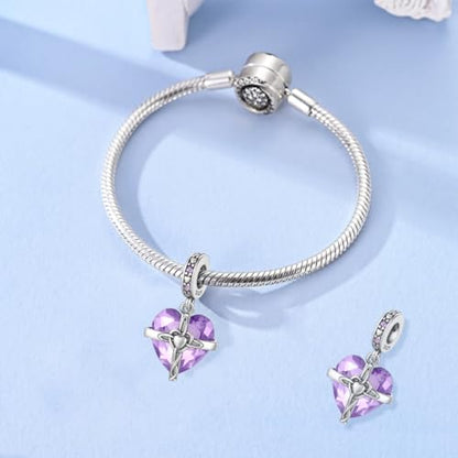 LNQOBU Birthstone Charm for Bracelets,925 Sterling Silve Heart Dangle Charms for Pandora Bracelets - color: F-June