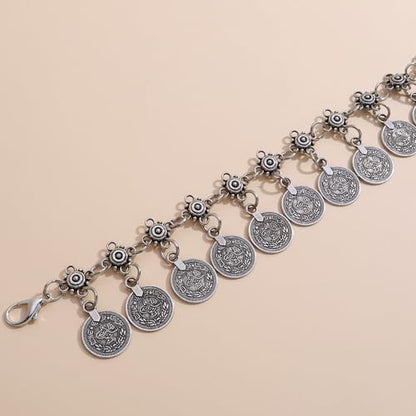CHIC DIARY Metal Chain Belt for Women Coin Belly Link Tassel Belt for Dress | Boho Style Coin Pendant Tassel Belt Gold/Silver Adjustable Concho Belly Dance Belts for Dresses Skirts Jeans - color: Silver