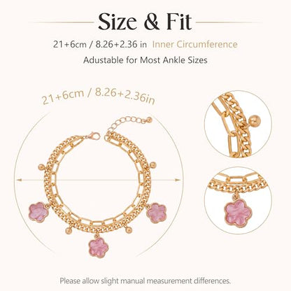 Fesciory Gold Plated Ankle Bracelets for Women, Adjustable Layered Flower Cherry Charm Anklets, Summer Hawaiian Beach Foot Jewelry Gifts 3 Flowers