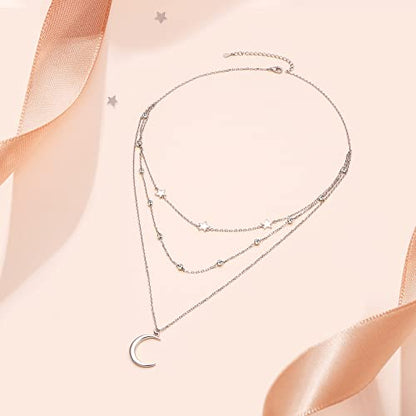 925 Sterling Silver Multilayer Layered Triple Long Chain Necklace for Women - style: Moon Star