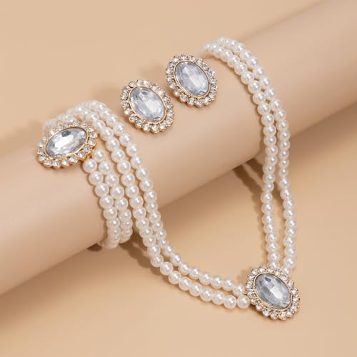 3Pcs Dainty Elegant Imitation Pearl Beaded Choker Necklace Bracelets Earrings Set Handmade Adjustable Faux Pearl Necklace for Women Bridal Wedding Party Prom Birthday Valentine Jewelry Gifts - color: B white