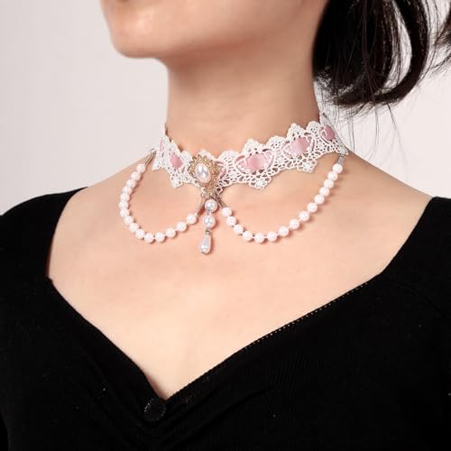 MILAKOO Lace Tattoo Choker for Women Elegant Goth & Elegant Necklace Collarbone Pearl Pendant Collar - color: White B