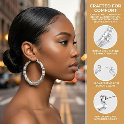 PAGOW 3 Pairs Large Bamboo Earrings, Silver Plated Hoop Bamboo Earrings | Round Hoop Y2K Earrings, Hypoallergenic 80s 90s Shiny Hip Hop Earring Hoops for Women Jewelry Party - 3 Sizes - color: silver,hoop 3 sizes