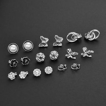 Tornito 10-15 Pairs Clip on Stud Earrings Non Pierced Teardrop Round Square CZ Pearl Twist Knot Flower Butterfly Heart Star Rainbow Cat Opal Clip on Earrings for Women - color: L:10 Pairs Silver Tone