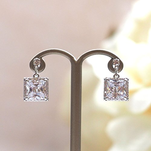 Drop Cubic Zirconia Invisible Clip On Earrings for Women Not Pierced Gold Teardrop Sqaure CZ Crystal Dangle Gold Silver Comfortable Clip On Earrings Bridal Wedding Prom - color: Square 1 Silver