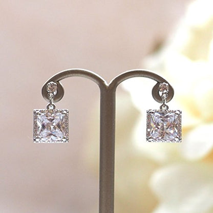 Drop Cubic Zirconia Invisible Clip On Earrings for Women Not Pierced Gold Teardrop Sqaure CZ Crystal Dangle Gold Silver Comfortable Clip On Earrings Bridal Wedding Prom - color: Square 1 Silver