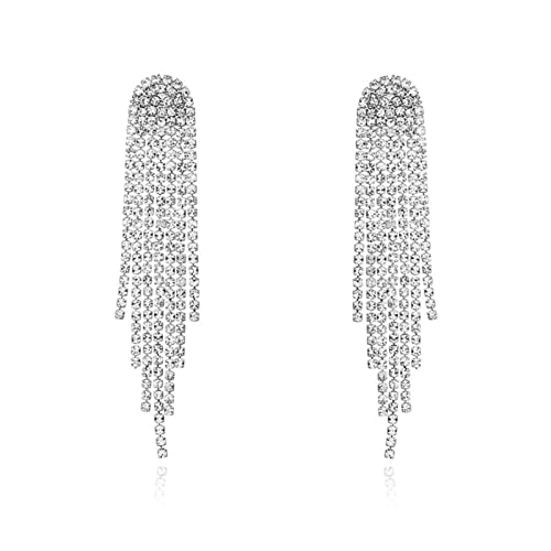 Luxval Rhinestone Earrings Dangling for Women Sparkly Silver Dangle Earrings Girls Long Chandelier Earrings Tassel Lightweight Ear Studs Cubic Zirconia Crystal Statement - color: Silver-Round Tassel Crystal