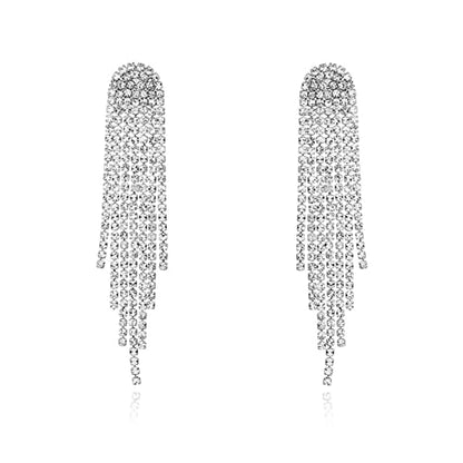 Luxval Rhinestone Earrings Dangling for Women Sparkly Silver Dangle Earrings Girls Long Chandelier Earrings Tassel Lightweight Ear Studs Cubic Zirconia Crystal Statement - color: Silver-Round Tassel Crystal