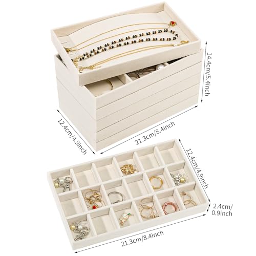 Stackable Jewelry Organizer Trays, 6-Piece Velvet Set, Beige | Removable Dividers, Soft Velvet Lining, Stackable Drawer Trays For Rings, Earrings, Bracelets And Necklaces - color: Beige
