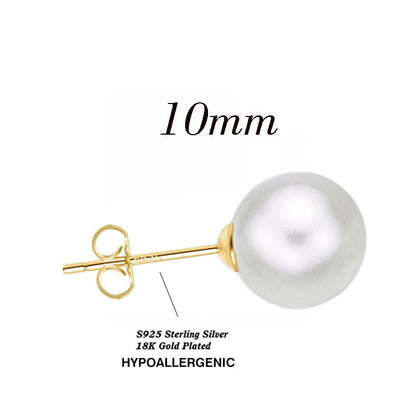 18K Gold Plated 925 Sterling Silver Shell Pearl Stud Earrings,Hypoallergenic to Sensitive Ears - style: C_M - 10mm