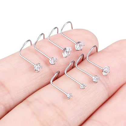 Hoeudjo Hypoallergenic Nose Rings Studs 24G Surgical Stainless Steel Cubic Zirconia Nose Studs for Women Men Screw & Bone & L Shaped Nostril Piercing Jewelry with 1.5mm 2mm 2.5mm 3mm CZ - color: silvertone,screw nose studs