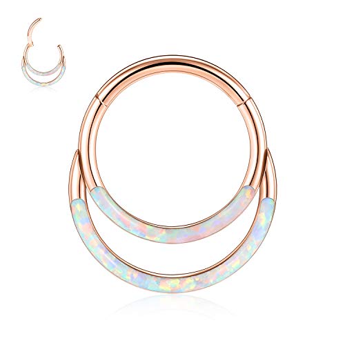 GAGABODY Septum Jewelry 16 Gauge Earrings Double Hoop Daith Earring Surgical Steel Hinged Nose Rings Nose Hoop Helix Tragus Rook Piercing - color: Style6:1pc Rose Gold+White Opal Double Hoop