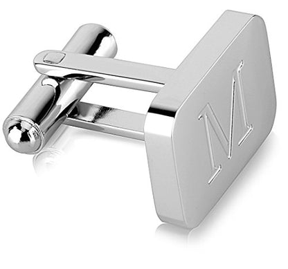 18K White-Gold Plated Initial Engraved Stainless Steel Men’s Cufflinks With Gift Box -Personalized Alphabet Letter’s A-Z By Lux & Pair - style: M- White Gold