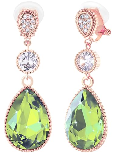 Clip On 18 * 13MM Big Crystal Dangle Non Pierced Earrings for Women 14K Gold Plated Jewelry - color: Aug-Peridot-Rose Gold Plated