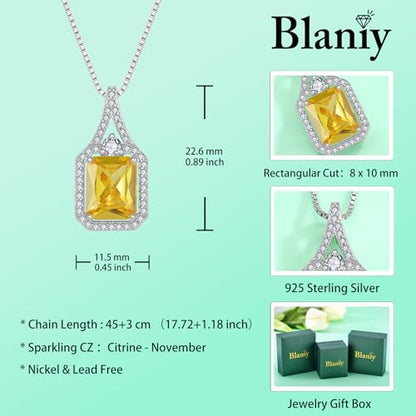 Created Gemstone Necklace 925 Sterling Silver Halo Rectangular Pendant Birthstone Necklaces Jewelry Gifts for Women - color: 11 November - Citrine