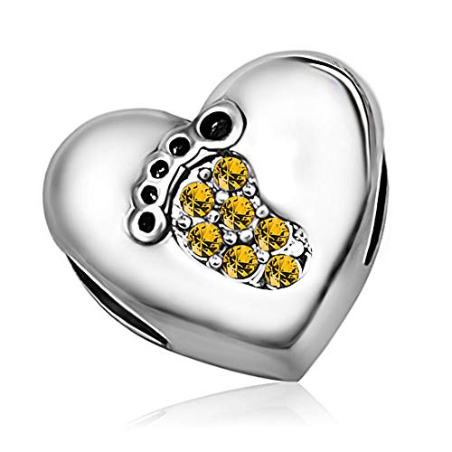 KunBead January-December Birthstone Footprint Heart Birthday Love Bead Charms Compatible with Pandora Bracelet for Mom Daughter Grandma Granddaughter - color: November