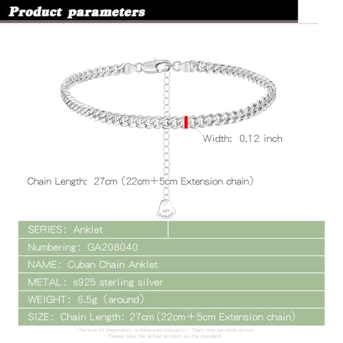 Dankadi 925 Sterling Silver Anklets Bracelet Women/Men Waterproof Simple Durable Chopin Chain/Cuban Link/Figaro/Box/Twist Rope Chain For Beach Foot Jewelry Gift - color: 3MM Cuban Chain, size: 30cm