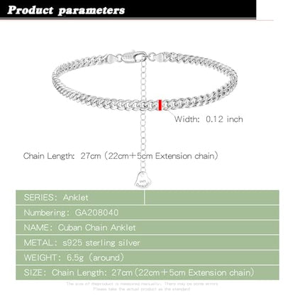 Dankadi 925 Sterling Silver Anklets Bracelet Women/Men Waterproof Simple Durable Chopin Chain/Cuban Link/Figaro/Box/Twist Rope Chain For Beach Foot Jewelry Gift - color: 3MM Cuban Chain, size: 30cm
