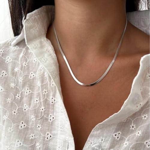 WomenGifts 14K Gold Silver Plated Herringbone Necklace for Women, Dainty Snake Chain Choker, Trendy Simple Long Layered Jewelry Non Tarnish, 3/4/5/8mm,14,16,18,20,22,24,26 Inch Thin & Chunky Options - color: Silver, style: 3mm-18inch